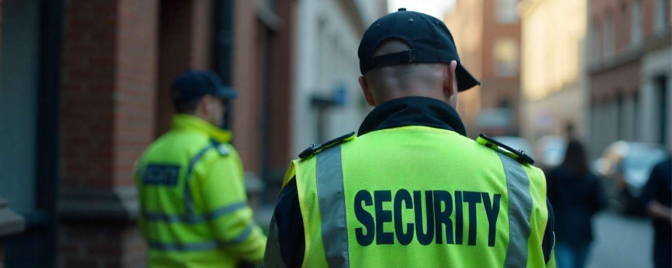 a security worker wearing a green vest, back faced towards the camera