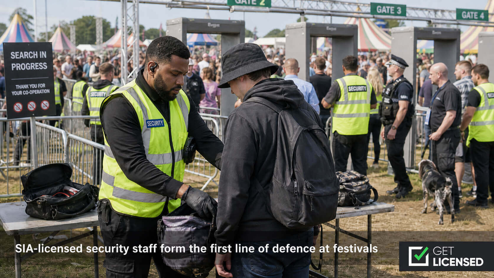 Frontline security workers at festival entrance checkpoints