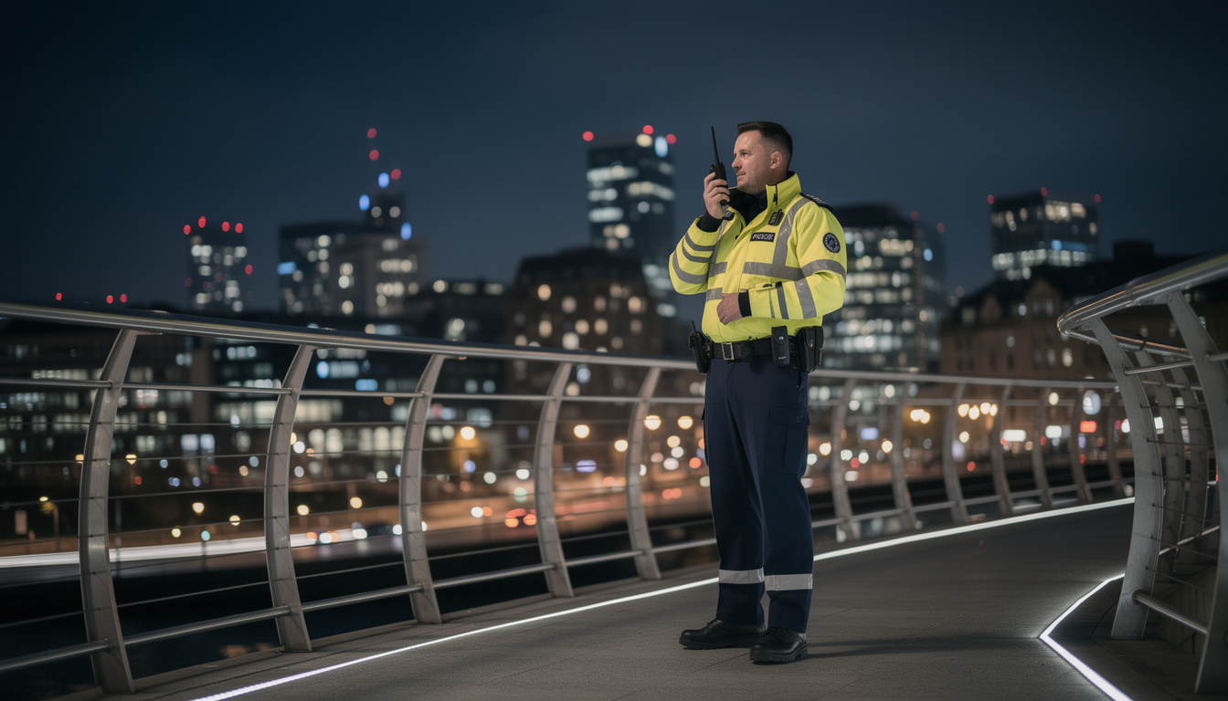 Security officer on patrol at night