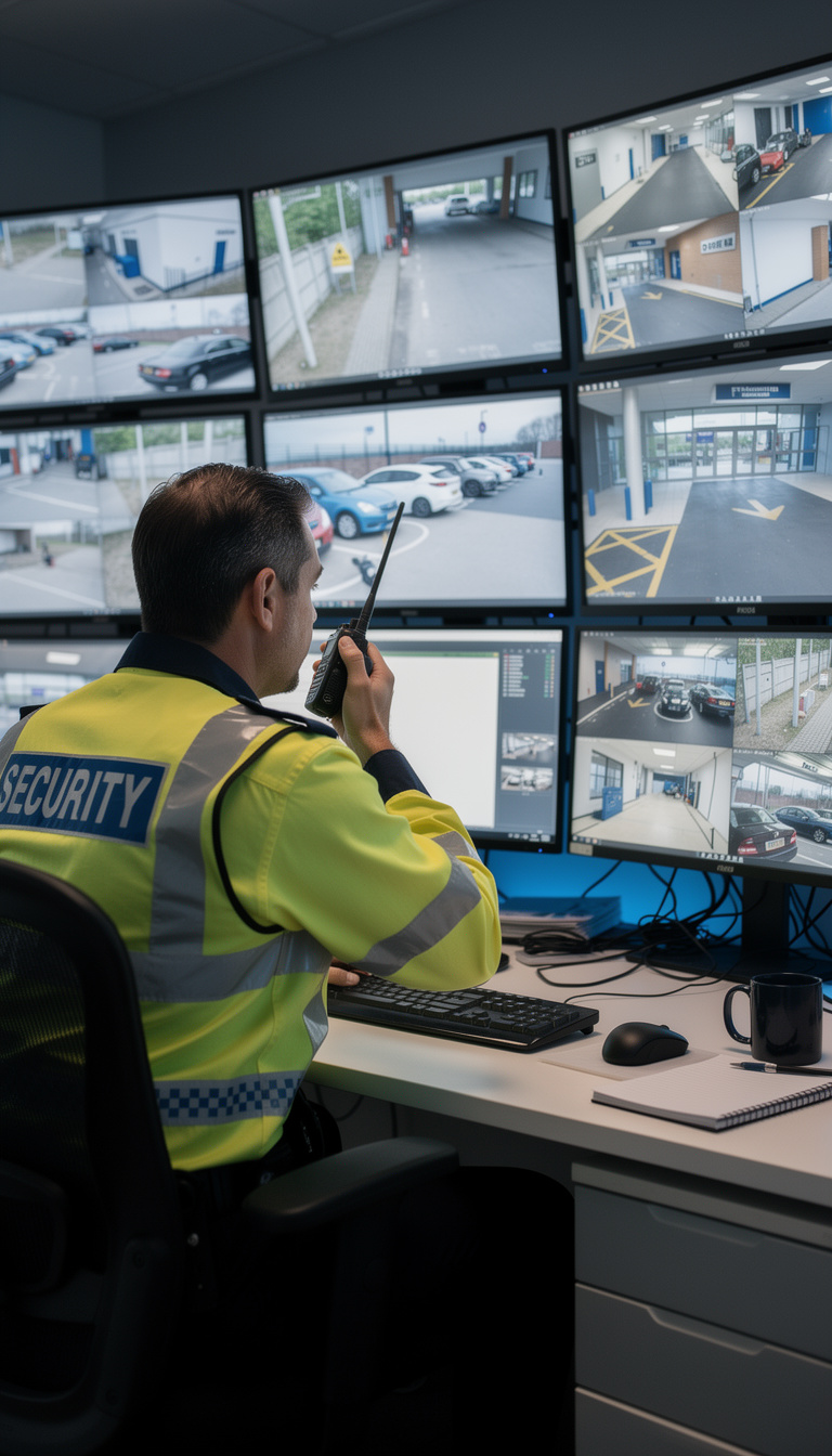 CCTV operator monitoring control room screens